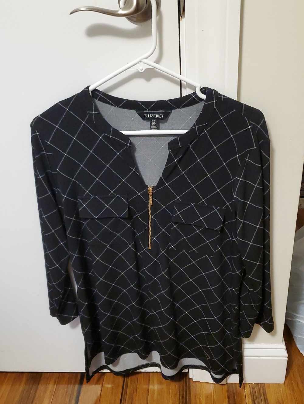 Ellen Tracy Black Windowpane Zip Top